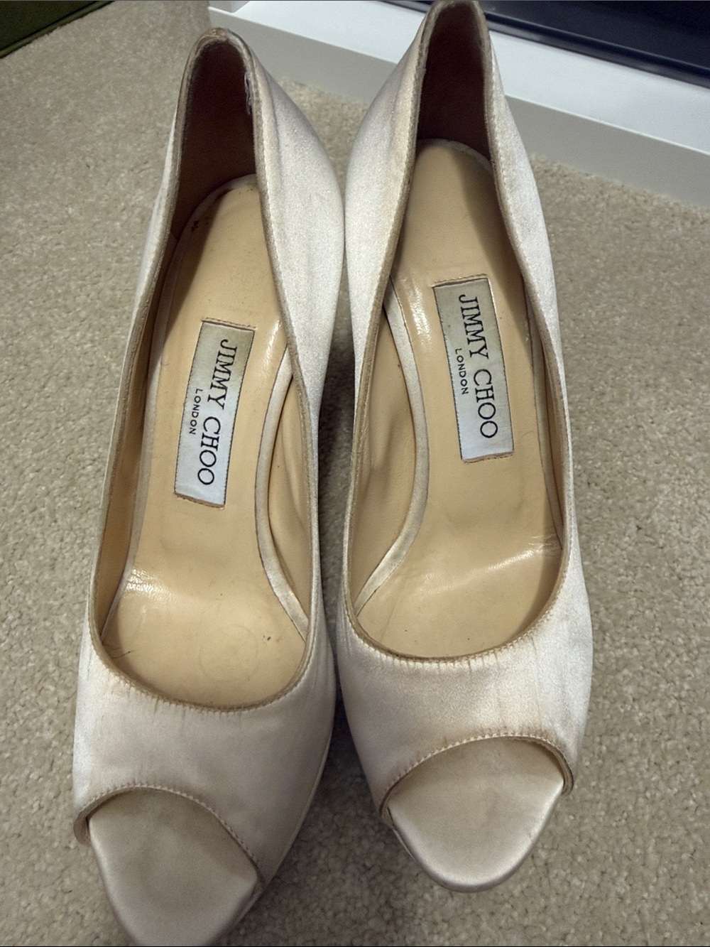 Jimmy Choo Ivory Satin Peep-Toe Heels